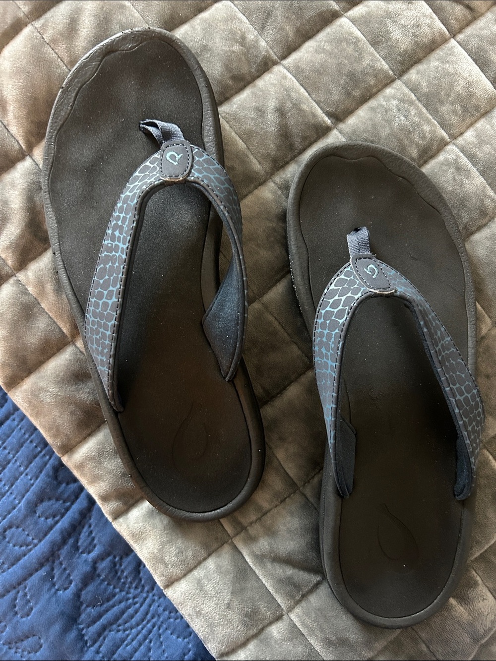 Olukai Comfort Flip Flop Sandals with Patterned Navy Straps